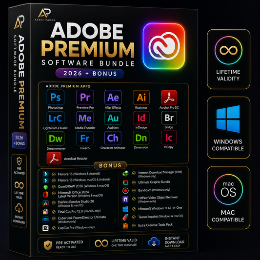 Adobe Premium Software Bundle 2026 + 15 FREE Bonuses | Windows & macOS | Asset Packs